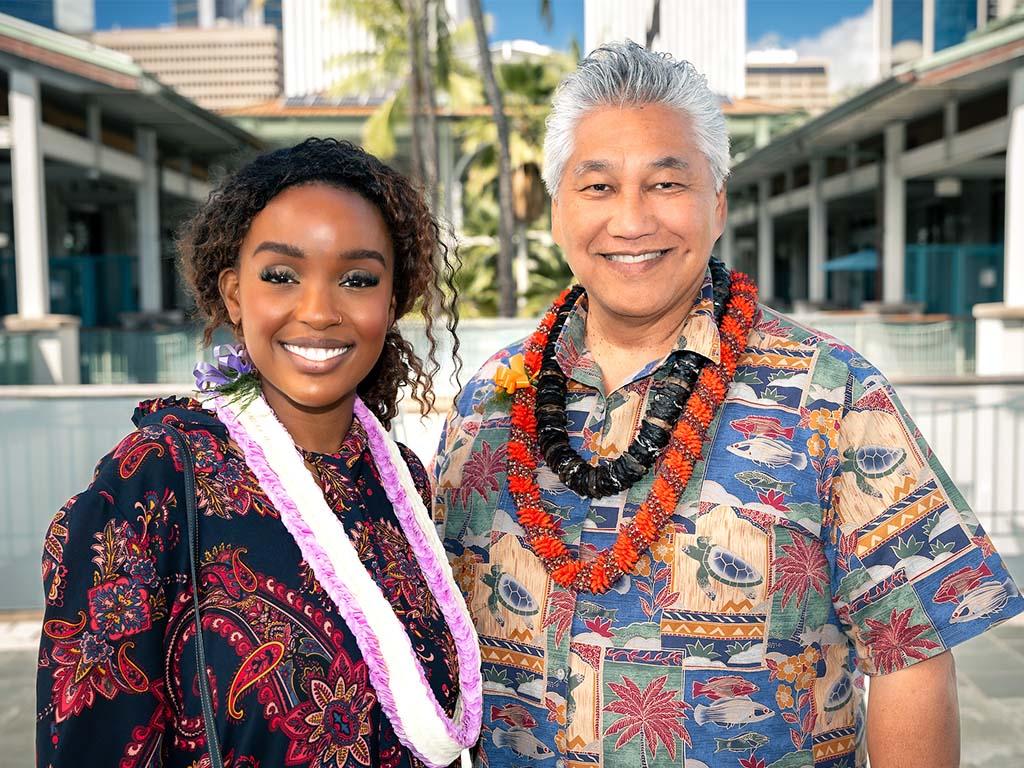 Wanjiku 'Wawa' Gatheru and Kumu Ramsay Taum at HPU's Aloha Tower Marketplace campus